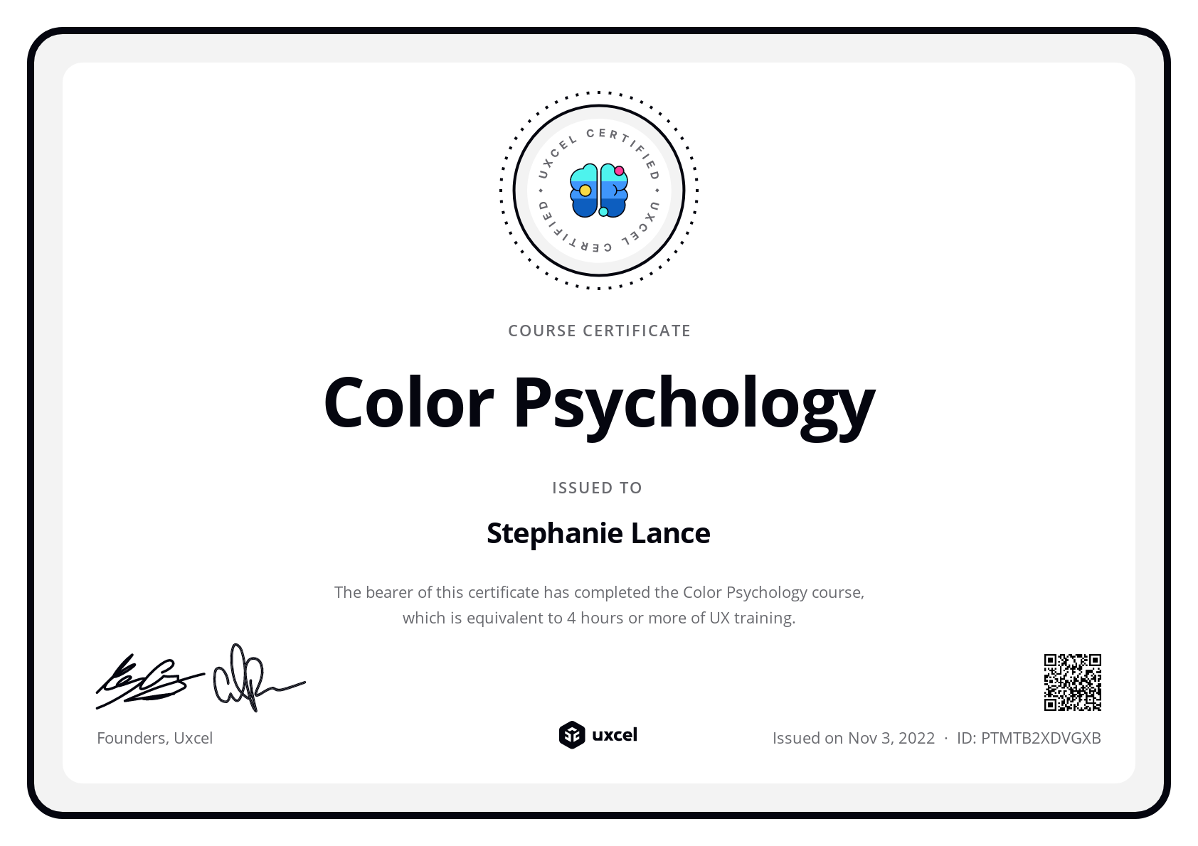 Stephanie Lance's certificate